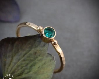 Emerald 14k Gold Ring - Hammered Minimalist May Birthstone Ring, "tiny earth spirit"
