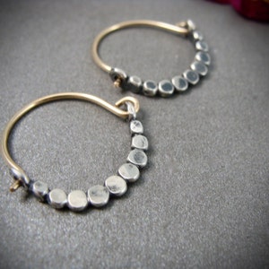 petite beaded minimalist mixed metal hoops, two tone hammered silver hoop earrings, handmade jewelry, siren jewels, gifts for her