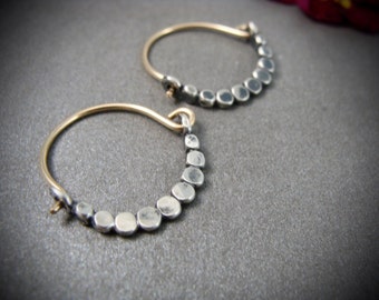 petite beaded minimalist mixed metal hoops, two tone hammered silver hoop earrings, handmade jewelry, siren jewels, gifts for her