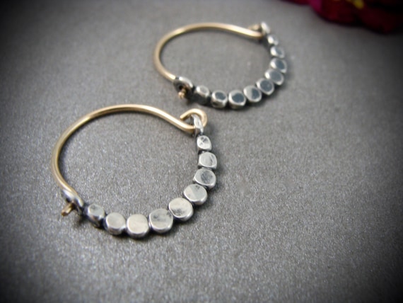 Petite beaded mixed metal minimalist hoops, Two tone hammered silver artisan earrings, Hand crafted jewelry, Siren jewels, Gifts for her