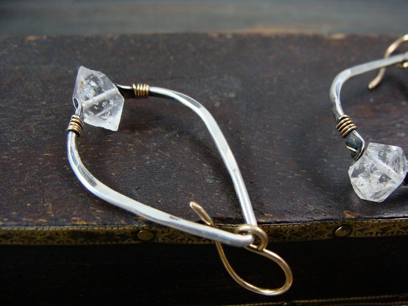 Herkimer diamond mixed metal boho dangle earrings, sterling silver Herkimer diamond earrings,hammered silver teardrop hoops,higher realms image 6