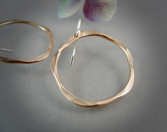 organic 14k gold filled circle earrings, simple hammered geometric earrings, mixed metal hoops, gifts for her, siren jewels