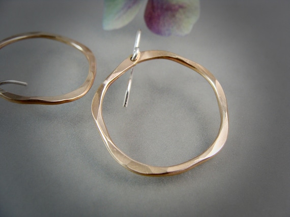 Organic 14k gold filled circle earrings, Simple hammered geometric earrings, Mixed metal hoops, Gifts for her, Siren jewels