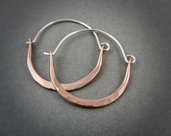 Handmade Hammered Rose Gold Filled Hoop Earrings - Sterling Silver Ear Wires