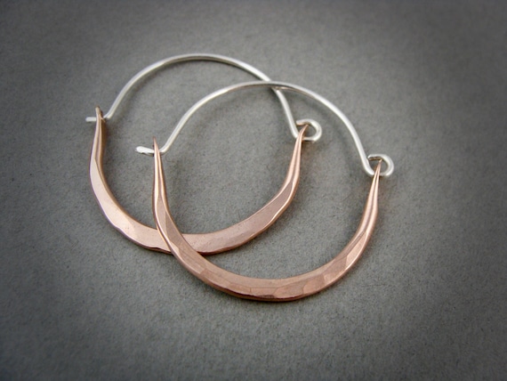 Large 14k rose gold filled and sterling silver minimalist mixed metal hoops, Modern hammered gold jewelry, Siren jewels, Gifts for her
