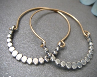 Sterling Silver & Gold Oxidized Bead Oval Hoop Earrings – Gold Filled Two Tone Mixed Metal Dangles
