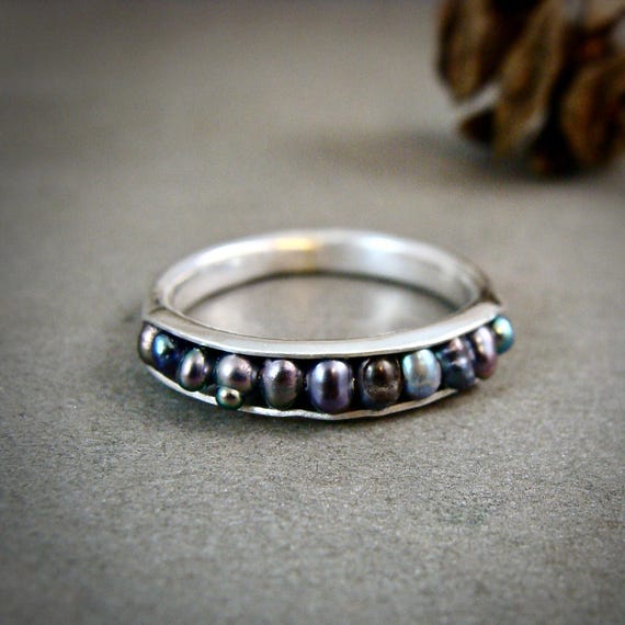 Black Pearl Sterling Silver Stacking Ring – Handmade Peacock Pearl Ring, Organic Boho Jewelry, Siren Jewels, Gifts for Her, “Vashon Ring”