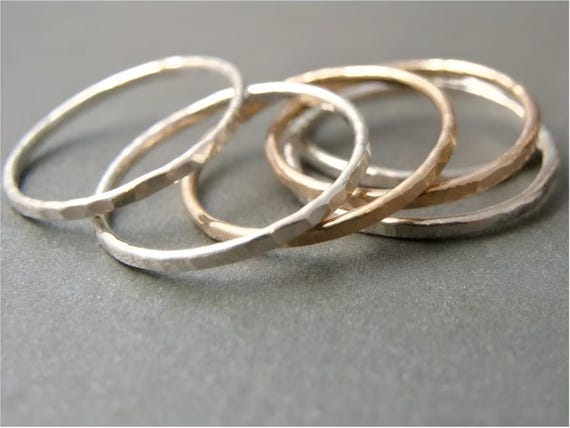 Mixed Metal Sterling Silver or Gold Stacking Ring – Hammered Band, Minimalist Handmade Ring, Artisan Jewelry