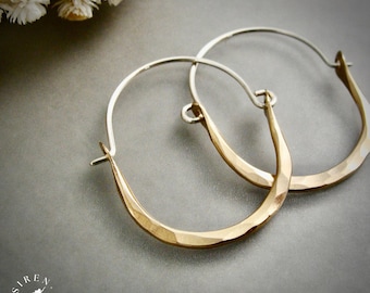 Hammered Gold & Sterling Silver Oval Hoop Earrings – Minimalist Mixed Metal Artisan Jewelry, Casual Hoops