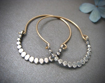 beaded sterling silver and gold filled hoops, mixed metal hoop earrings, unique jewelry, siren jewels, dark acadamia, gifts for her