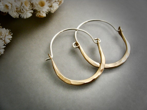 large minimalist style sterling and gold filled hoops, mixed metal hammered silver hoops, the tone earrings, siren jewels, gifts for her