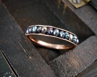 Solid 14k Rose Gold Peacock Pearl Stacking Ring – Cottagecore Band, Handmade Artisan Jewelry