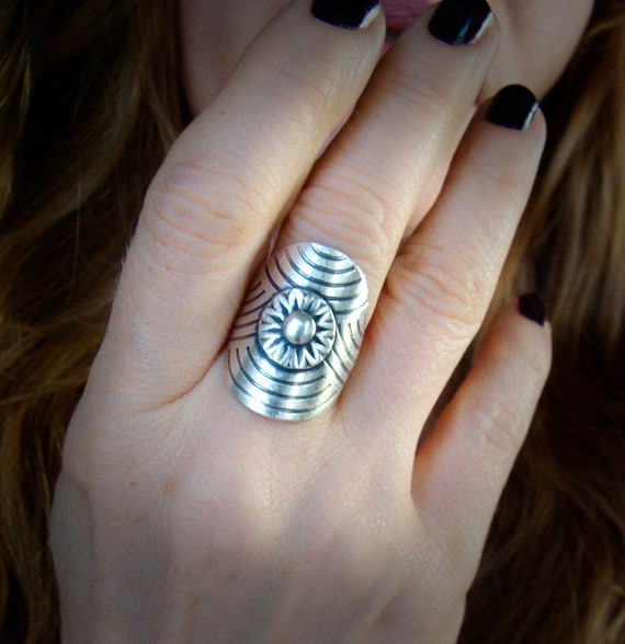 Large sterling silver boho statement ring, Unique handmade mandala ring, 925 ring for women, Siren jewels "Shield maiden ring"