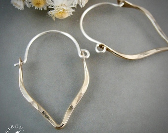 Hammered Mixed Metal Chevron Tear Drop Hoop Earrings, 14k Gold Filled & Sterling Silver, Handmade Artisan Jewelry