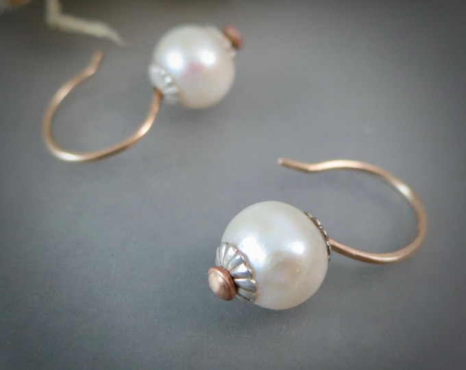 Featured listing image: Pearl Mixed Metal Gold Hoop Earrings, Sterling Silver Artisan Jewelry, Elegant Gift for Her