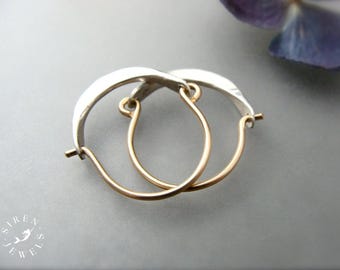 Handmade Mixed Metal Hoop Earrings, Sterling Silver Hammered Crescent, 14k Gold Filled Hoops