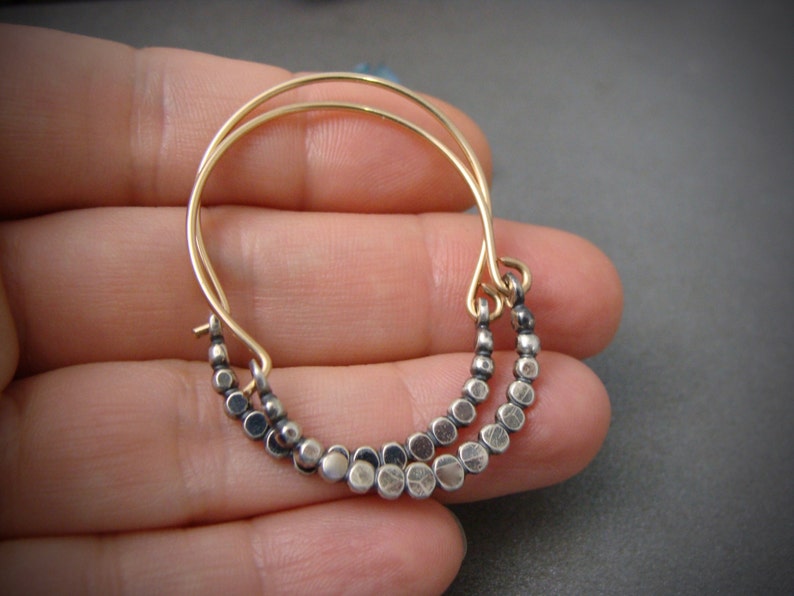 Beaded Minimalist Mixed Metal Hoops Sterling Silver and Etsy