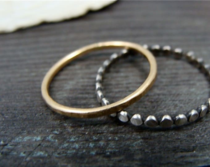 mixed metal stackable ring set, hammered sterling and 14k gold fill rings, handmade jewelry, siren jewels, simple bands, minimalist jewelry