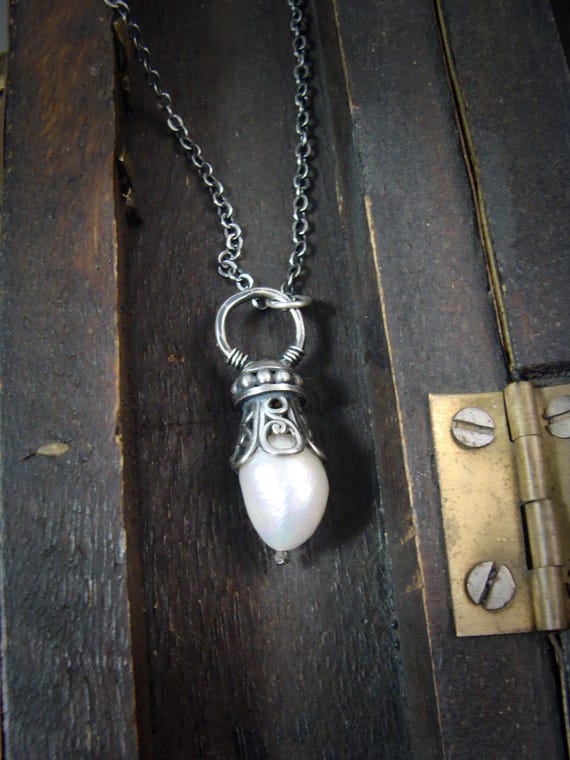 White Pearl & Sterling Silver Pendulum Pendant - Gothic Necklace For Women, Artisan Crafted