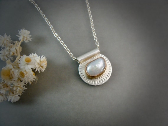 Baroque Pearl Mixed Metal Pendant - Small Simple 14k & Sterling Silver Necklace, Handcrafted Pearl Drop, Siren Jewels, Gifts for Her,