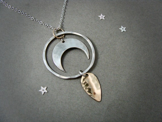 Sterling silver and 14k gold crescent moon necklace, Celestial jewelry, Long chain necklace, Large modern two tone pendant, Gifts for her