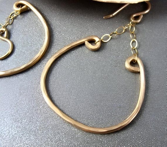 Unique hammered gold hoop dangles, Organic hand formed gold hoop, Textured gold earring, Siren jewels "Nordic hoops"