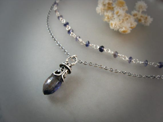 Double Chain Iolite Beaded Necklace, Multi Chain Gemstone Pendulum Pendant, Hand Crafted Bead Jewelry For Women And Girls