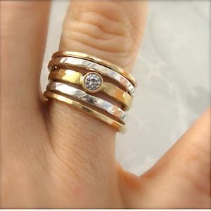14k Gold White Sapphire Stack Rings: Hammered Sterling Silver Bands