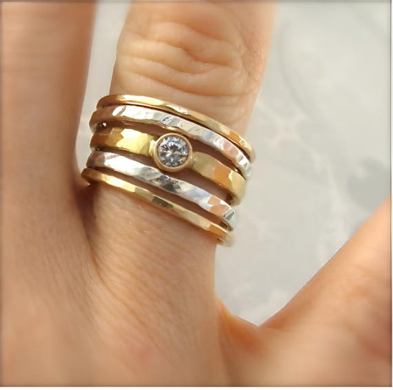 Mixed metal stack rings, 14k gold and silver stack rings, White sapphire ring set, Solid 14k gold and sapphire ring, "reflection stack"