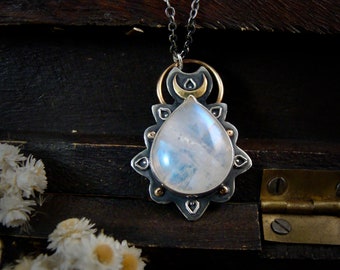 moonstone and sterling silver mixed metal pendant, silversmith jewelry, artisan pendant, siren jewels, gifts for her "moon flower".