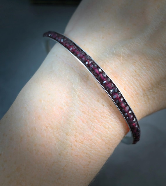 Silver Bangle - Pink Rhodolite Garnet Sterling 925 Bracelet - January Birthstone Gemstone Artisan Made Handcrafted Bangle
