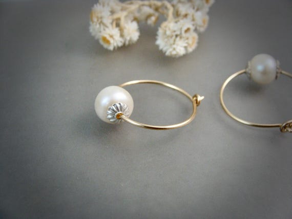 Pearl and Gold Hoop Earrings – Petite Mixed Metal Hoops, Artisan Handmade Coquette Jewelry, 925