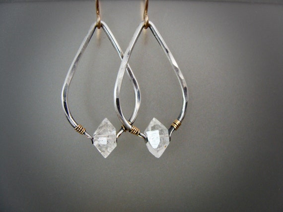 Herkimer diamond mixed metal boho dangle earrings, Sterling silver diamond earrings, Hammered silver teardrop hoops,"Higher realms hoops"