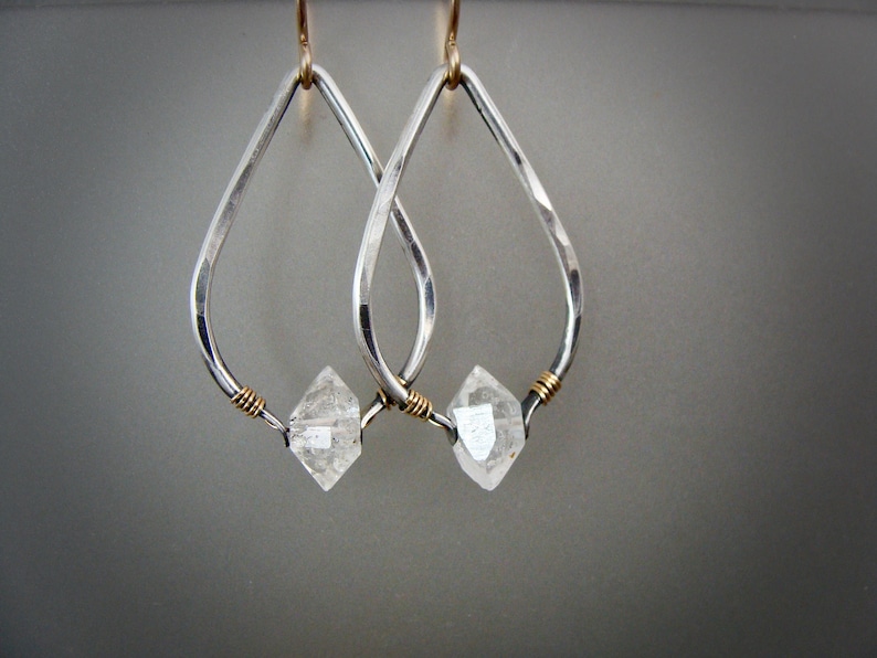 Herkimer diamond mixed metal boho dangle earrings, sterling silver Herkimer diamond earrings,hammered silver teardrop hoops,higher realms image 1