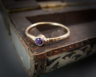 Hammered Solid 14k Gold & Amethyst Ring - February Birthstone Stacking Ring