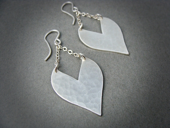 Modern heart shaped sterling silver dangles, Handmade hammered silver heart earrings, Contemporary heart jewelry, Gifts  "Heart strings"