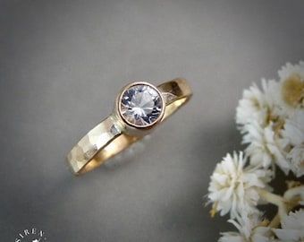 Hammered Solid 14k Gold White Sapphire Ring - Modern Engagement Ring