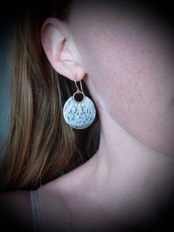Large printed mixed metal earrings, Imprinted two tone jewelry, Decorative artisan made earrings, Gifts for her, Siren jewels