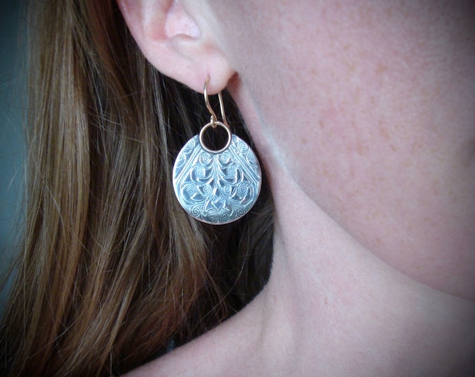 large printed moon ... mixed metal earrings, imprinted jewelry, gifts for her