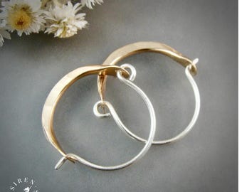 Hammered Mixed Metal Hoop Earrings – 14k Gold Fill, Sterling Silver, Artisan Jewelry