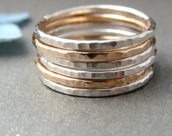Hammered Sterling Silver & 14k Gold Fill Stacking Rings - Set of Six