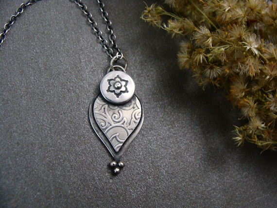 Sterling silver botanical henna inspired petal pendant, Gifts for her, Layering pendants, Siren jewels "Lotus petal necklace"