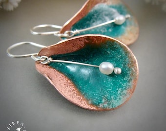Copper Lily Earrings – Sterling Silver & Freshwater Pearl, Handmade Enameled Floral Jewelry