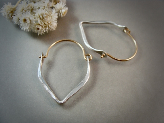 Mixed metal minimalist teardrop hoop, 14k gold filled and sterling hoops, Handmade hoop, Hammered sterling hoops, Small hoops, Siren jewels