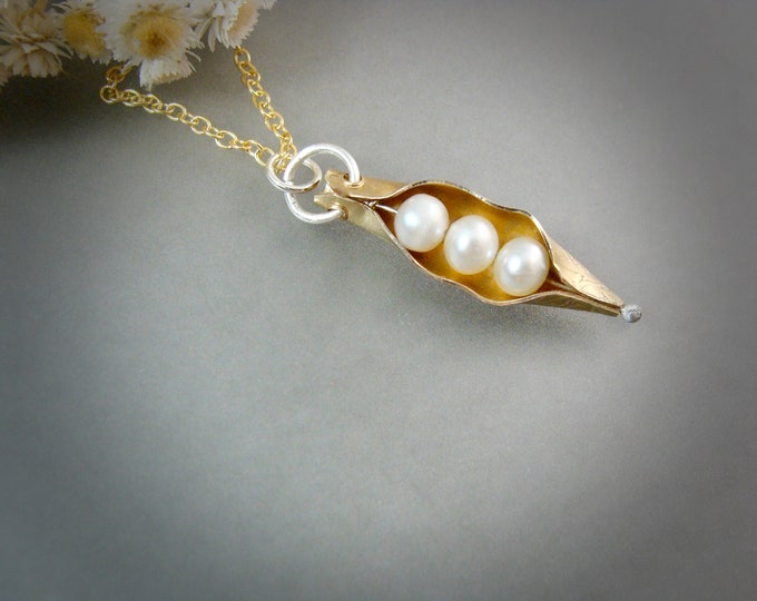 pea pod 14k gold fill and pearl pendant, mixed metal pendant, cottage core necklace, gifts for her, layering necklace~ "golden pea pod"