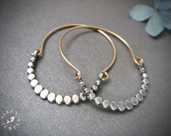 Sterling Silver & Gold Oxidized Bead Hoop Earrings – Gold Filled Two Tone Mixed Metal Hoops