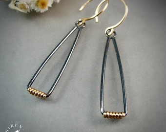 Oxidized Sterling Silver Triangle Earrings – Long Two-Tone Gold Accent, Handmade Geometric Earrings
