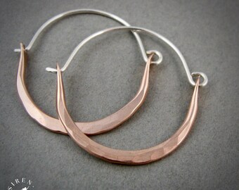 Handmade Hammered Rose Gold Filled Hoop Earrings - Sterling Silver Ear Wires