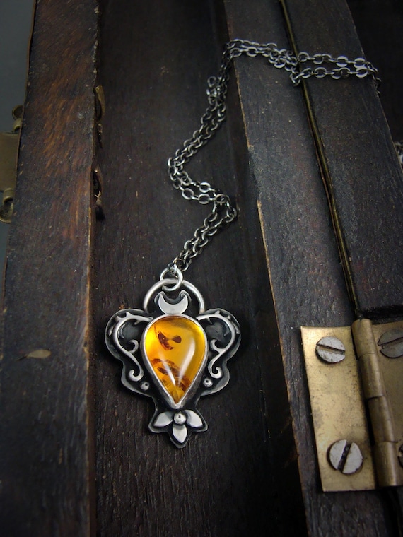 Amber Sterling Silver Fall Pendant - Boho Witchy Necklace, Orange Spooky Halloween Jewelry