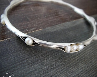 Silver Bangle - Organic Hand Formed Stackable Pearl & Sterling Bracelet For Her "Scattered Pearl"